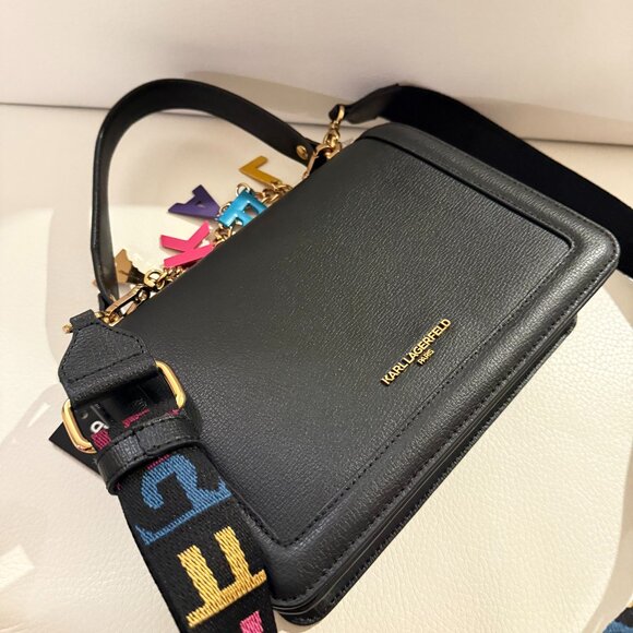 NWT KARL LAGERFELD SIMONE CHARM LOGO SHOULDER BAG CROSSBODY SATCHEL BLACK - Picture 6 of 8